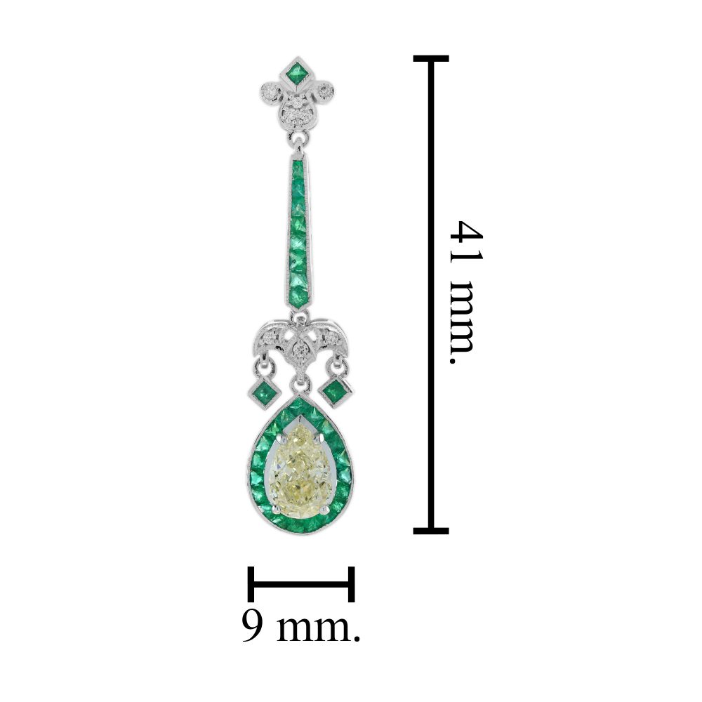 GIA Certified 2.25ct Pear Cut Yellow Diamond and Emerald Cluster Drop Earrings
