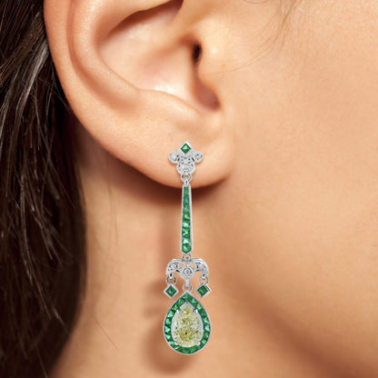 2.25ct Pear Cut Yellow Diamond and Emerald Cluster Drop Earrings with GIA certificates