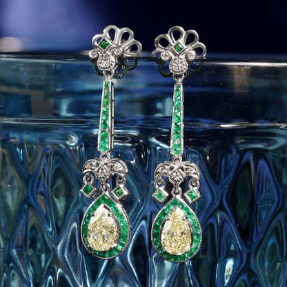 2.25ct Pear Cut Yellow Diamond and Emerald Cluster Drop Earrings with GIA certificates