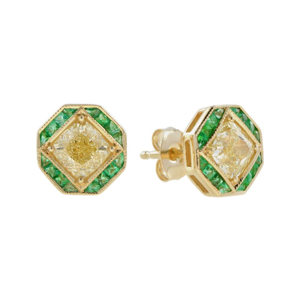 GIA Certified 1.42ct Fancy Yellow Diamond and Emerald Stud Earrings in 18ct Yellow Gold