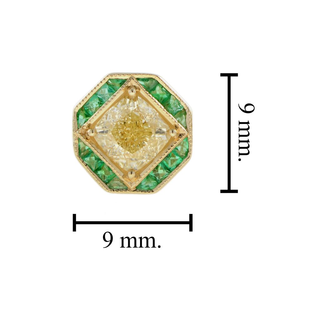 GIA Certified 1.42ct Cushion Cut Yellow Diamond and Emerald Stud Earrings