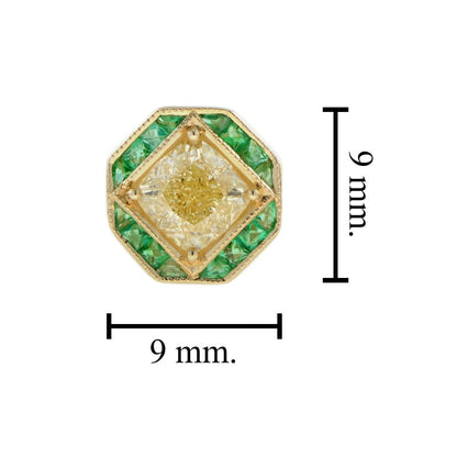 GIA Certified 1.42ct Cushion Cut Yellow Diamond and Emerald Stud Earrings