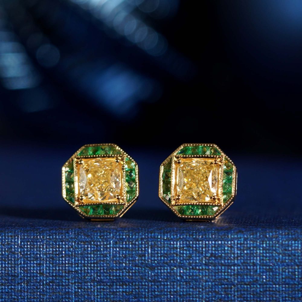 GIA Certified 1.42ct Cushion Cut Yellow Diamond and Emerald Stud Earrings