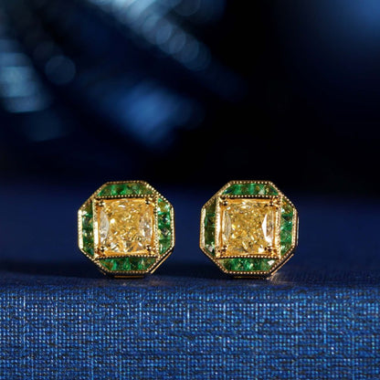 GIA Certified 1.42ct Cushion Cut Yellow Diamond and Emerald Stud Earrings