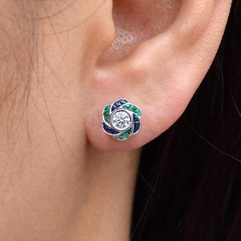 Diamond Emerald and Sapphire Floral Rose Cluster Stud Earrings
