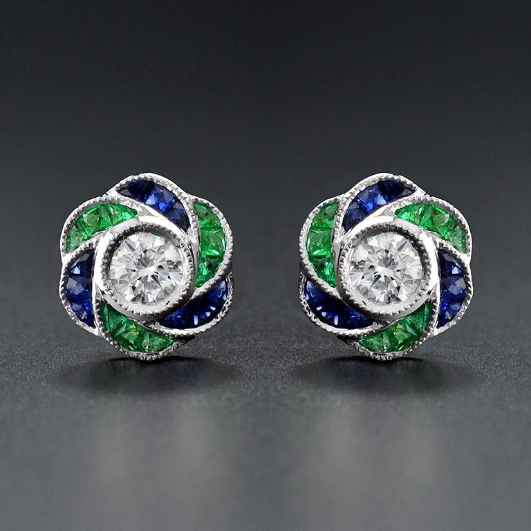 Diamond Emerald and Sapphire Floral Rose Cluster Stud Earrings