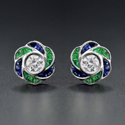 Diamond Emerald and Sapphire Floral Rose Cluster Stud Earrings