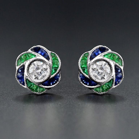 Diamond Emerald and Sapphire Floral Rose Cluster Stud Earrings