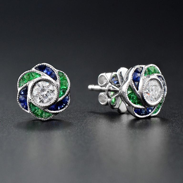 Diamond Emerald and Sapphire Floral Rose Cluster Stud Earrings