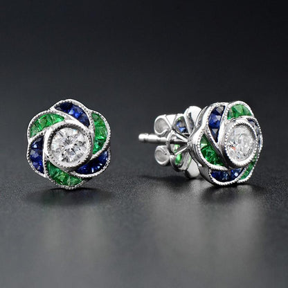 Diamond Emerald and Sapphire Floral Rose Cluster Stud Earrings