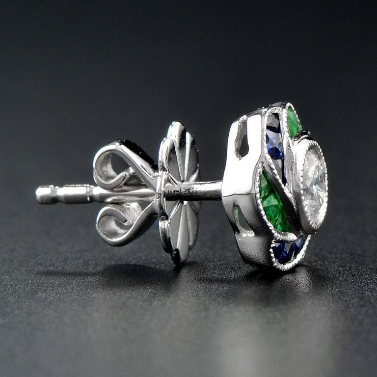 Diamond Emerald and Sapphire Floral Rose Cluster Stud Earrings