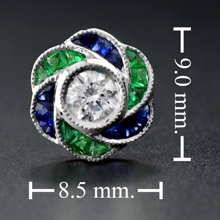 Diamond Emerald and Sapphire Floral Rose Cluster Stud Earrings