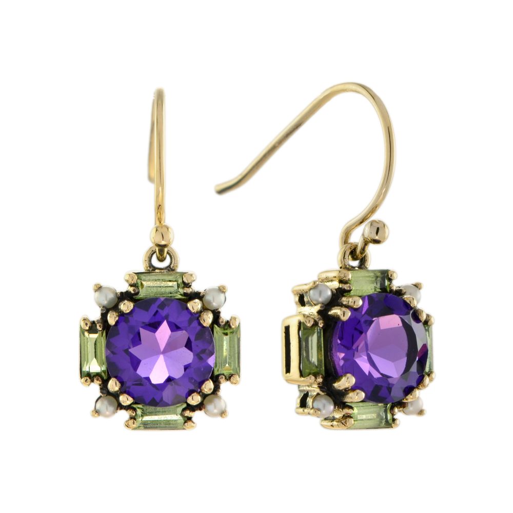 Amethyst Peridot and Pearl Cluster Drop Earrings
