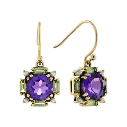 Amethyst Peridot and Pearl Cluster Drop Earrings