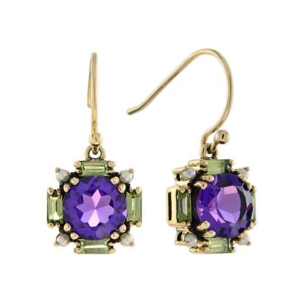 Amethyst Peridot and Pearl Cluster Drop Earrings