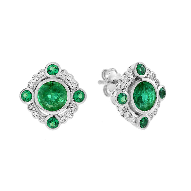 Emerald and Diamond Halo Cluster Stud Earrings