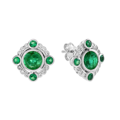 Emerald and Diamond Halo Cluster Stud Earrings