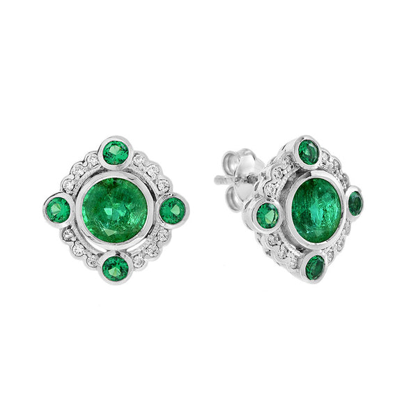Emerald and Diamond Halo Cluster Stud Earrings