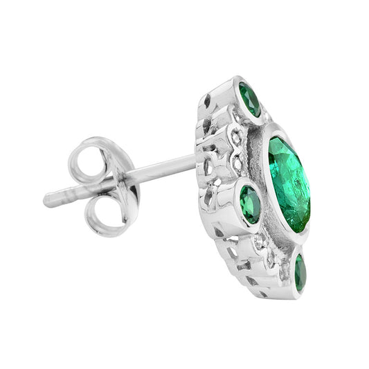 Emerald and Diamond Halo Cluster Stud Earrings
