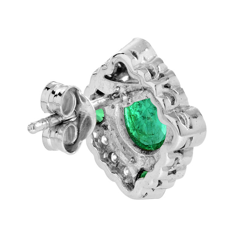 Emerald and Diamond Halo Cluster Stud Earrings