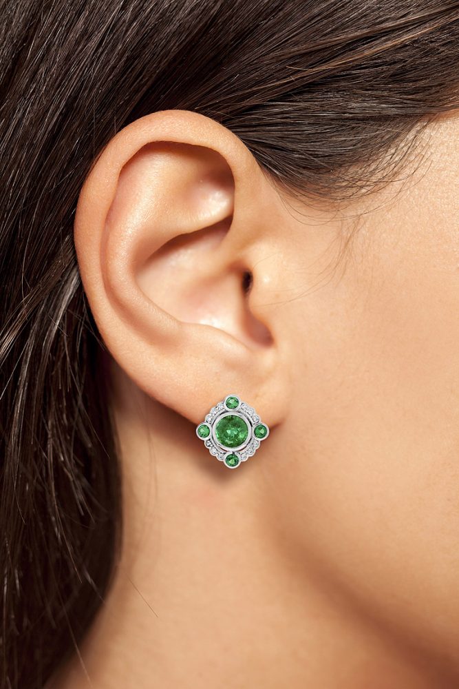 Contemporary Emerald and Diamond Halo Cluster Stud Earrings