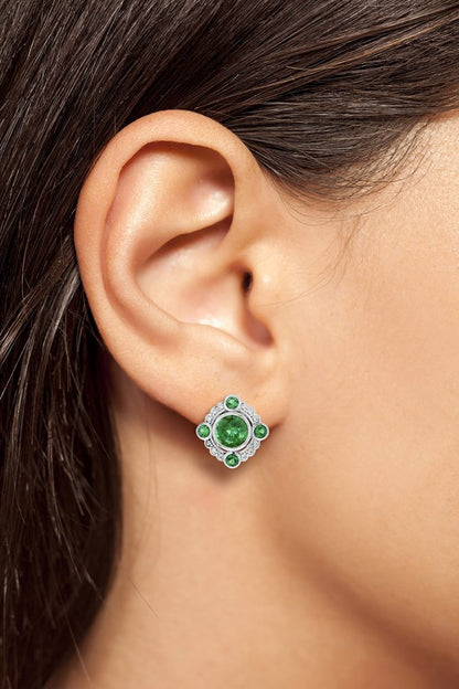 Contemporary Emerald and Diamond Halo Cluster Stud Earrings