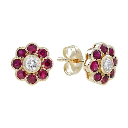 Modern Diamond and Ruby Floral Cluster Stud Earrings