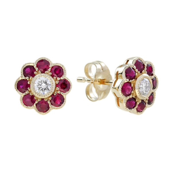 Modern Diamond and Ruby Floral Cluster Stud Earrings