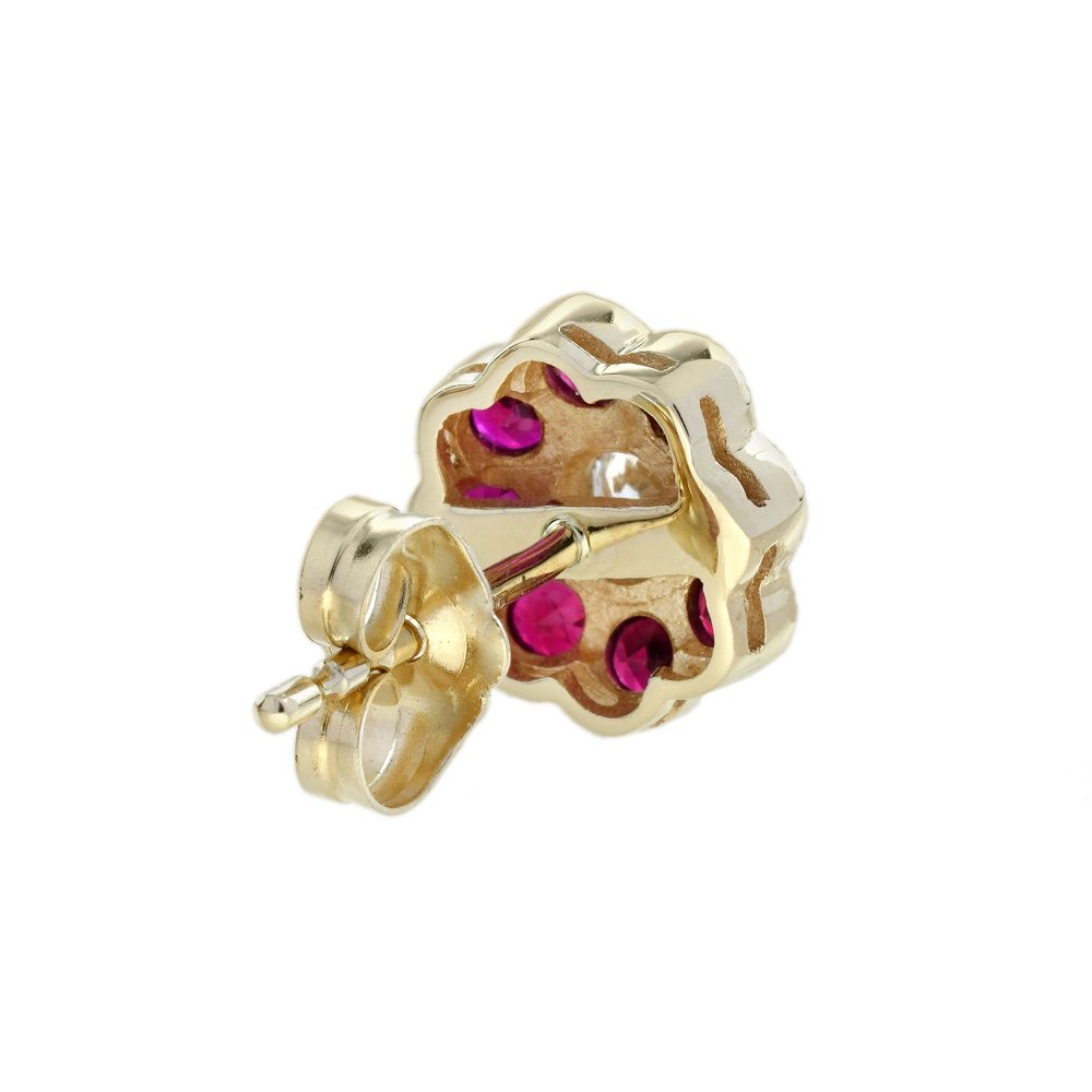 Modern Diamond and Ruby Floral Cluster Stud Earrings