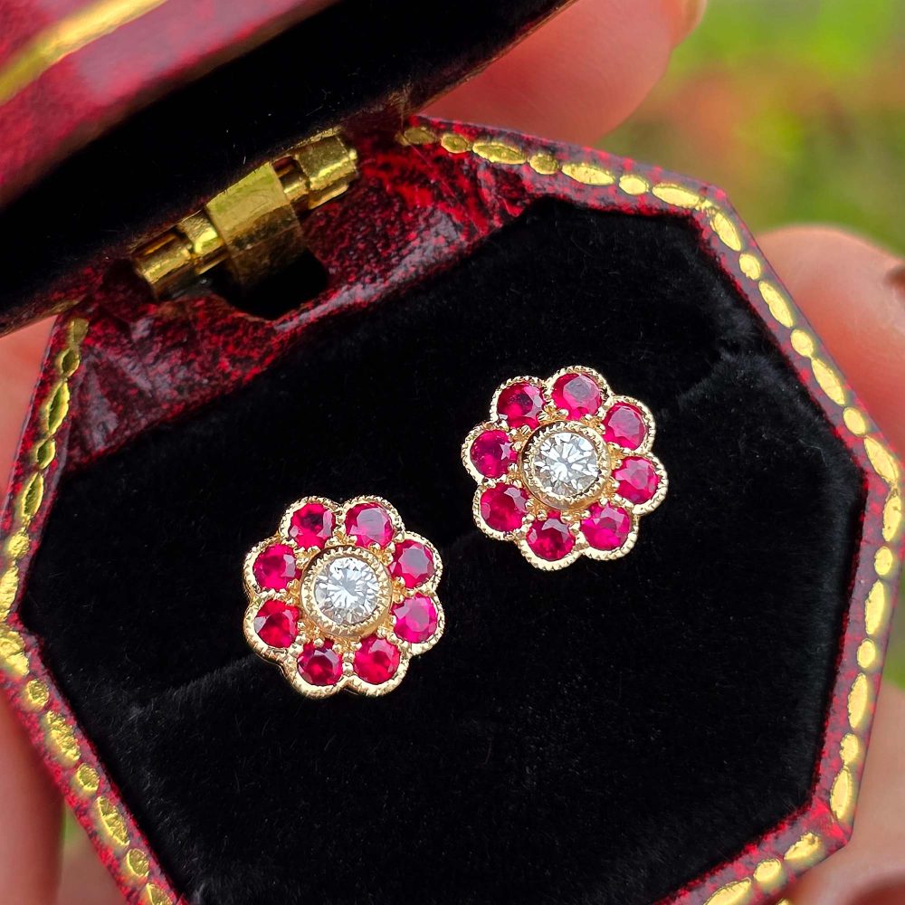 Modern Diamond and Ruby Floral Cluster Stud Earrings