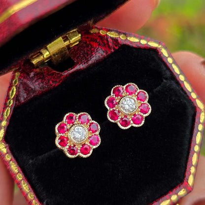 Modern Diamond and Ruby Floral Cluster Stud Earrings