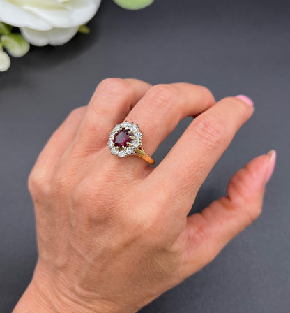 Vintage 18ct Gold, 1950s Ruby & Diamond Cluster Ring