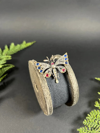 Antique Butterfly Brooch in 18 Carat Rose Gold And Silver With Gemstones