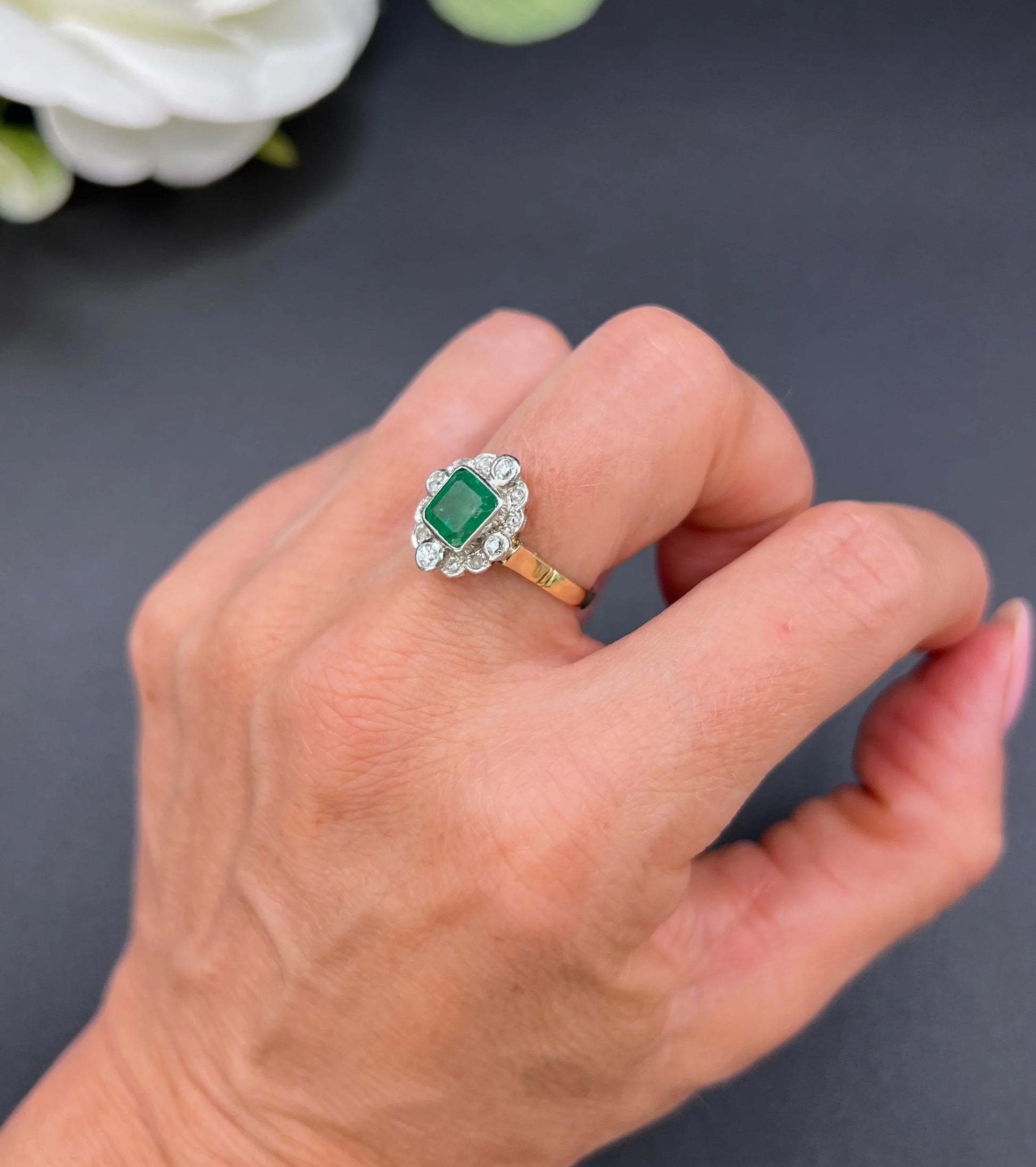 Vintage 18ct Gold, 1940s Emerald & Diamond Cluster Dress Ring