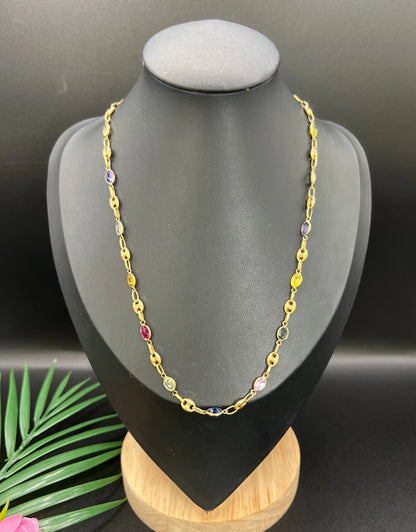 Vintage 18 Carat Yellow Gold Gemstone Harlequin Necklace with Barrel Clasp