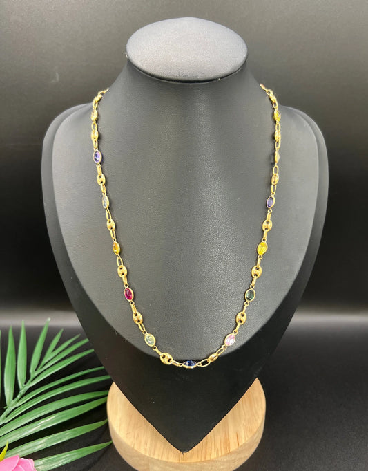 Vintage 18 Carat Yellow Gold Gemstone Harlequin Necklace with Barrel Clasp