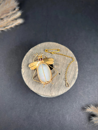 Antique 15 Carat Gold Edwardian Almandine Garnet, Opal And Pearl Insect Brooch