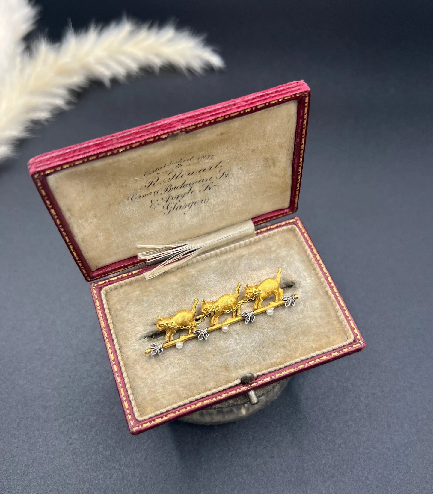 Antique 18 Carat Yellow Gold Diamond and Seed Pearl Cat Brooch, Circa 1910