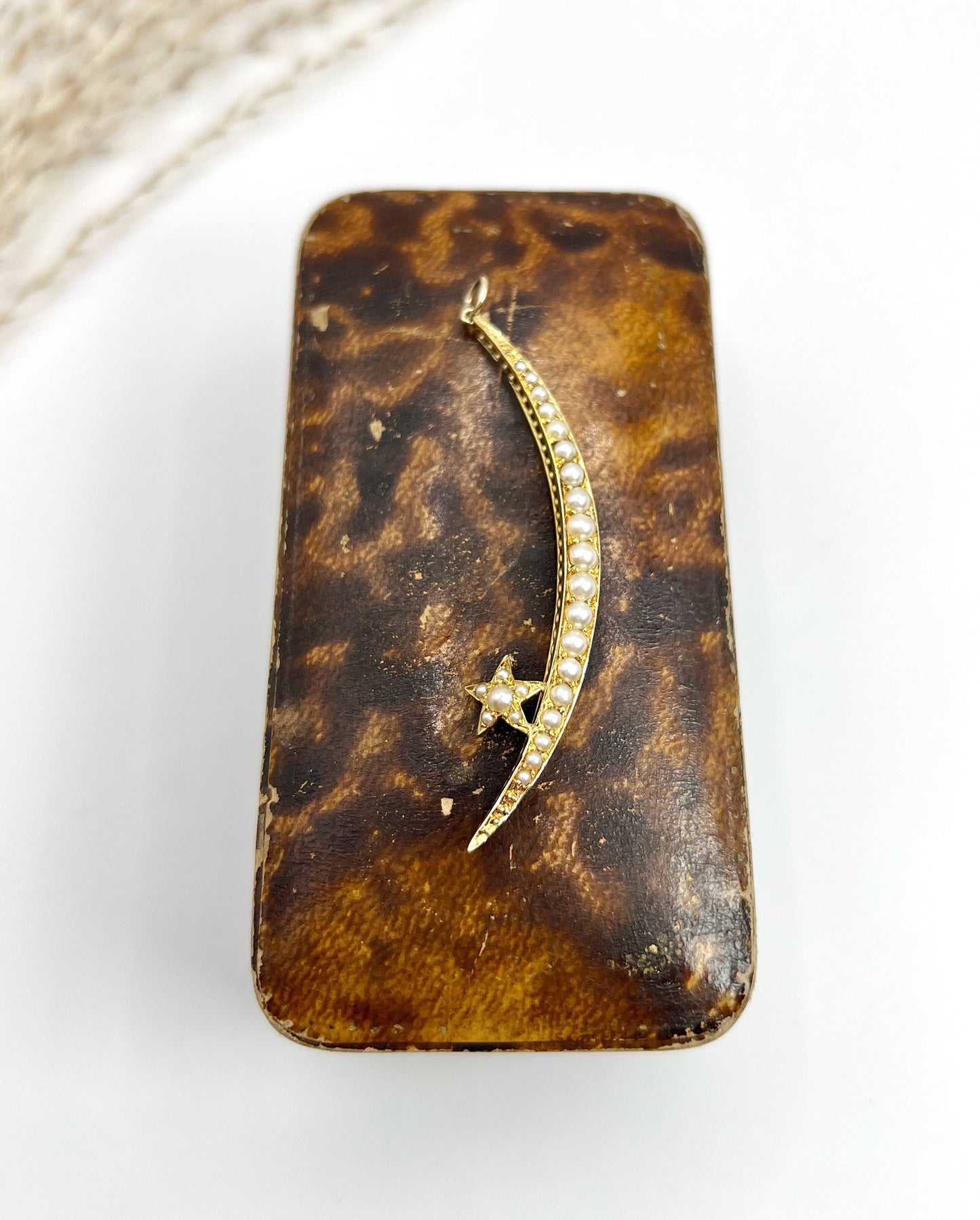Antique 15ct Gold, Edwardian Pearl Crescent Moon & Star Pendant, Celestial Jewellery