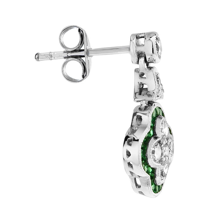 Diamond and Emerald Quatrefoil Cluster Drop Earrings