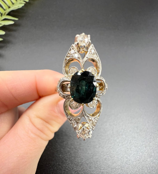 Antique sapphire and diamond long panel ring, Edwardian period circa 1910 round sapphire and diamond panel border 18ct gold