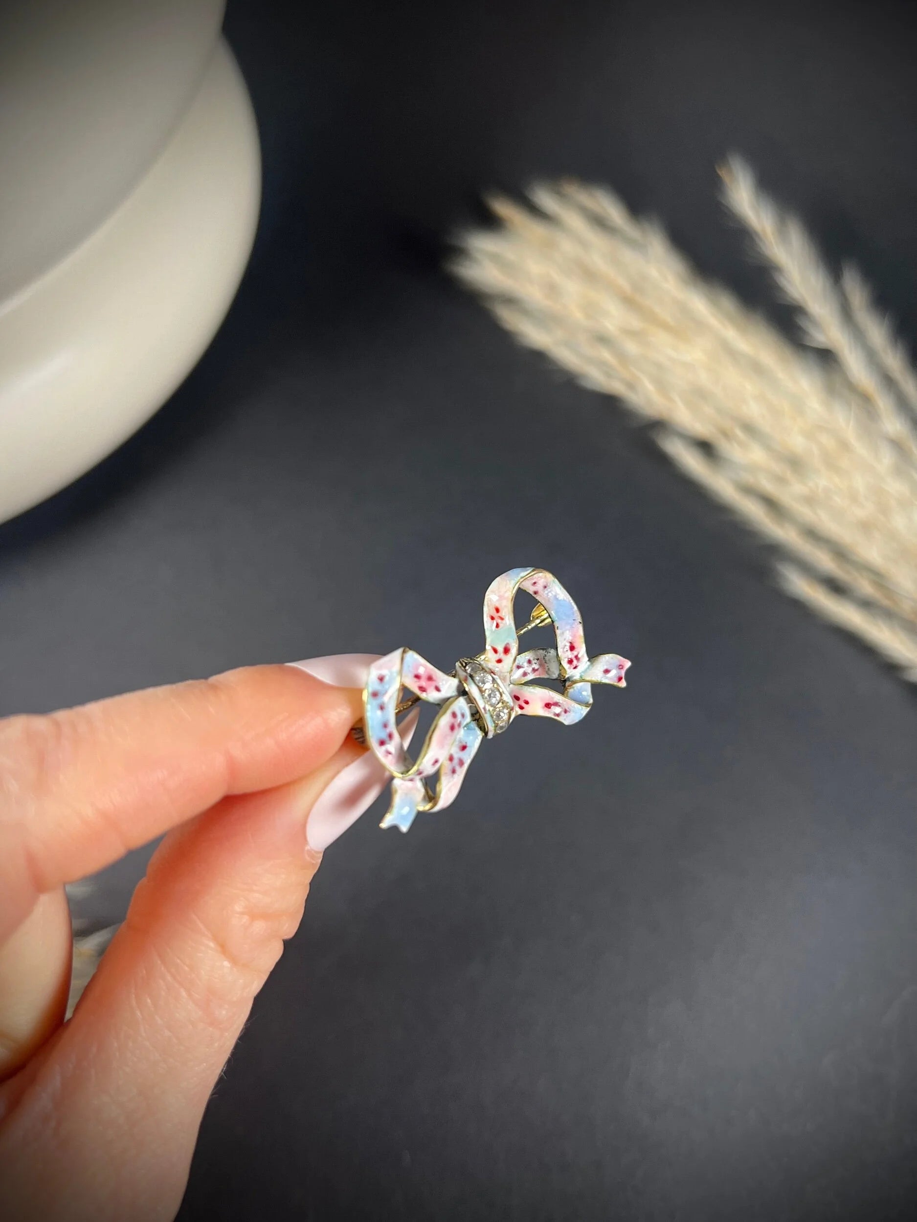 Antique 14 Carat Gold Floral Enamel and Diamond Bow Brooch, Circa 1900