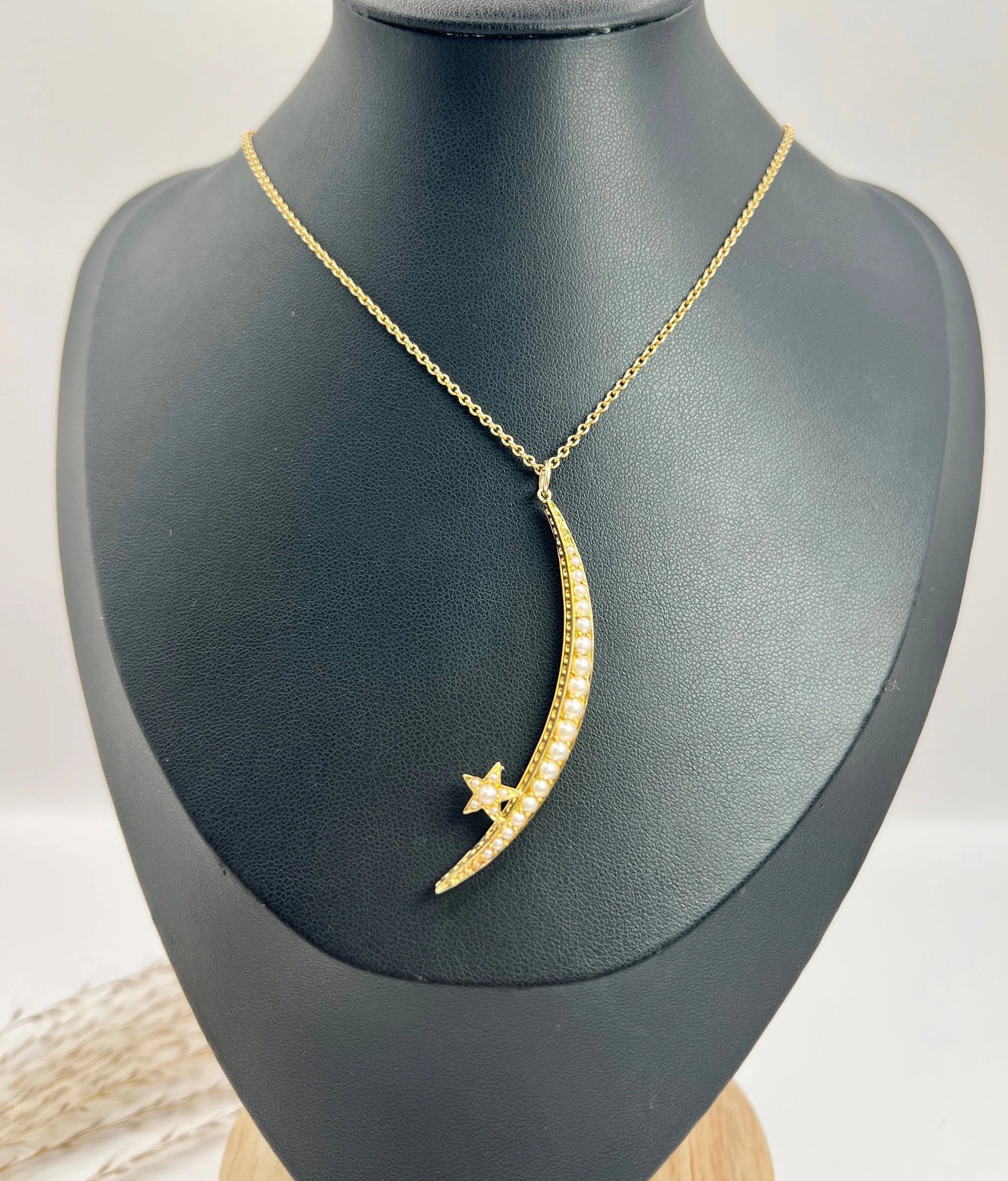 Antique 15ct Gold, Edwardian Pearl Crescent Moon & Star Pendant, Celestial Jewellery