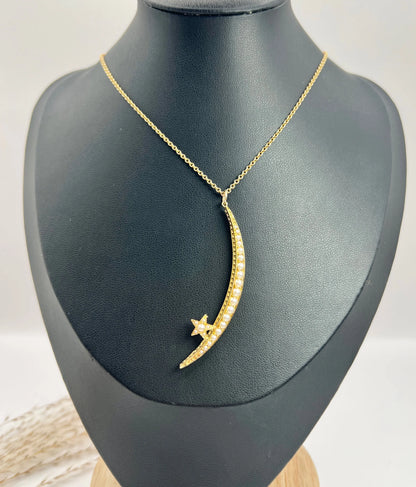 Antique 15ct Gold, Edwardian Pearl Crescent Moon & Star Pendant, Celestial Jewellery