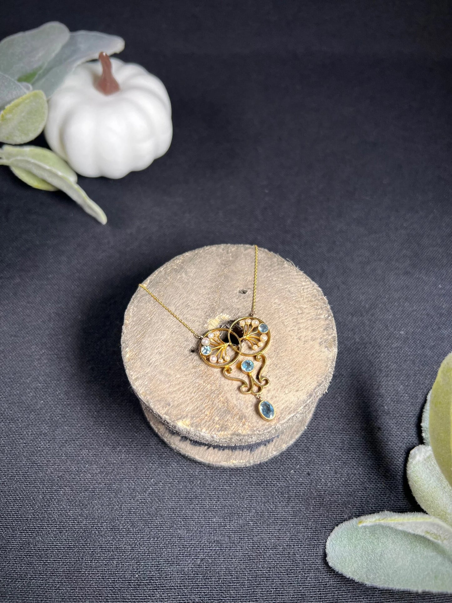 Antique 15 ct Gold Edwardian Aquamarine And Seed Pearl Pendant Necklace