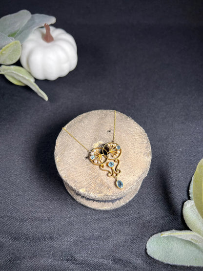 Antique 15 ct Gold Edwardian Aquamarine And Seed Pearl Pendant Necklace
