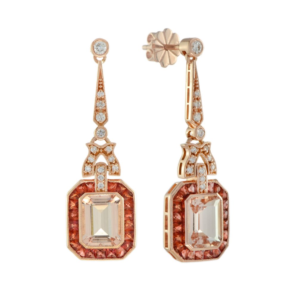 4ct Emerald Cut Morganite and Orange Sapphire Cluster Drop Earrings with Diamonds in 18ct Rose Gold