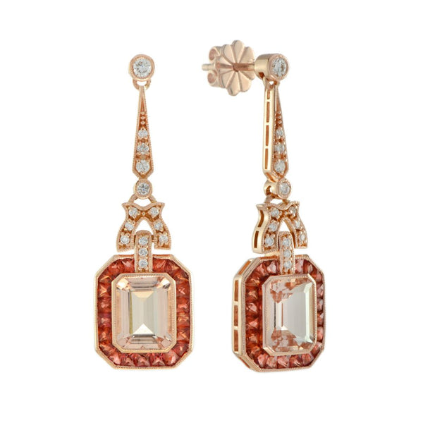 4ct Emerald Cut Morganite and Orange Sapphire Cluster Drop Earrings with Diamonds in 18ct Rose Gold