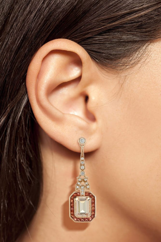 4ct Emerald Cut Morganite and Orange Sapphire Cluster Drop Earrings with Diamonds in 18ct Rose Gold