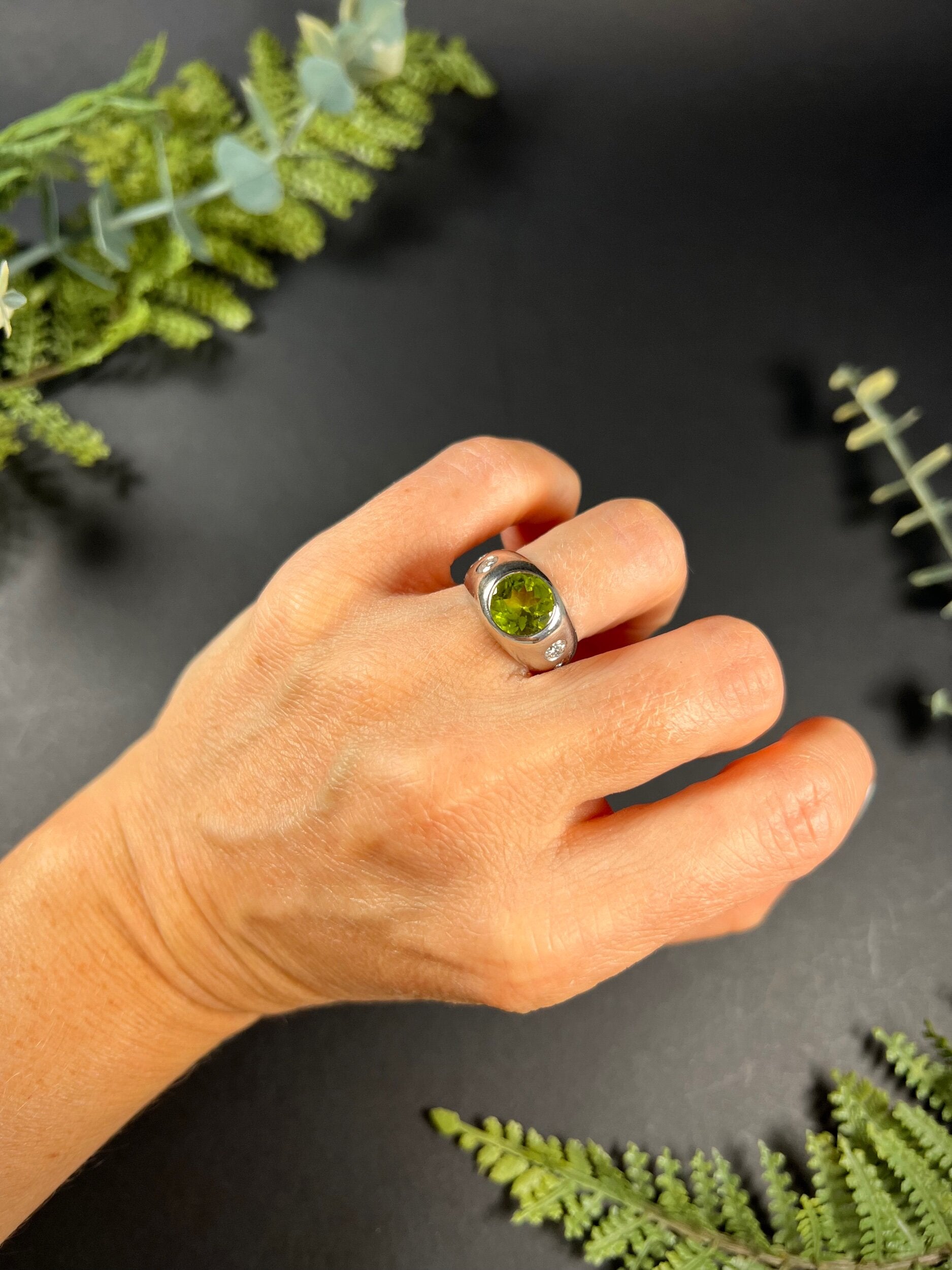 Vintage French Platinum, Peridot and Diamond Five Stone Ring, Circa 1940